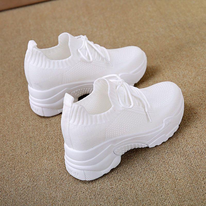JH-72 Giày trắng nữ cao gót mới năm 2023 mùa xuân mạch lưới thoáng khí đế dày dựa trên giày thể thao thư giãn