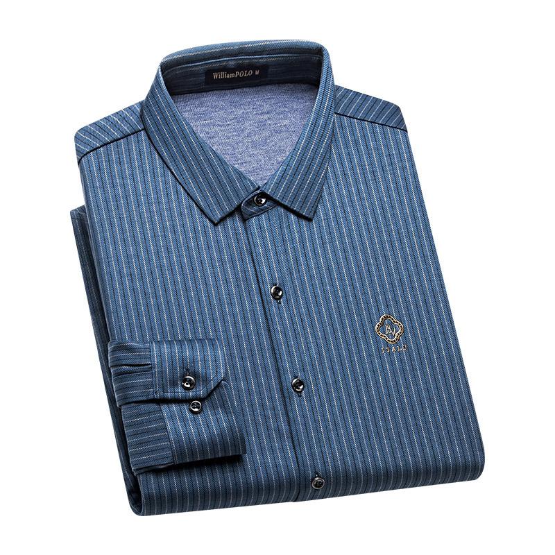 含羊毛混纺保罗中年polo秋季长袖衬衫商务休闲细条衬衣爸爸衬衫